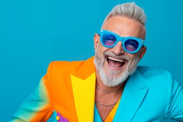 A man in a colorful suit and sunglasses smiles at the camera