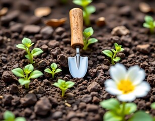 the main subject of the image is a small hand tool with a wooden handle and a metal blade, positioned in dark soil, several small plants with green leaves surround the tool