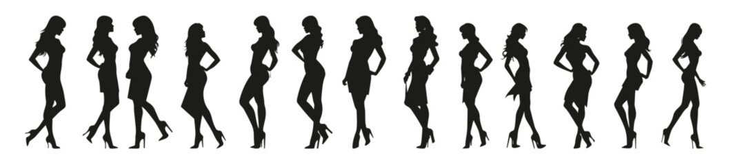 Set beautiful fashion girl silhouette
