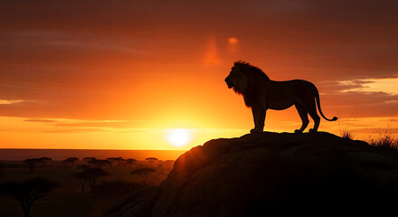 A majestic lion stands proudly atop a rocky outcrop during sunset.