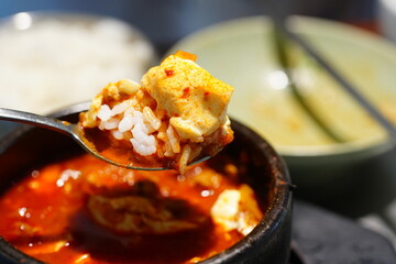 Korean BBQ with Raw Beef Short Ribs Grilled on Charcoal at Local Galbi Restaurant