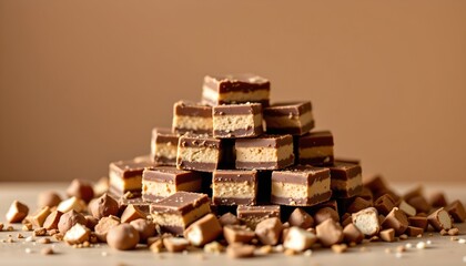 a mound of squares of treats and smaller shavings is centrally positioned against a plain backdrop, the position forms a pyramid shape, the lighting is diffused