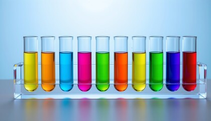the image features a series of clear, glass cylinders positioned upright in a clear, square holder, each cylinder contains a liquid of varying colors, creating a spectrum