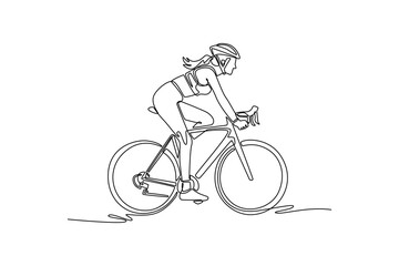Single one line drawing side view sportswoman in protective helmet riding road bike bicycle. Female athlete cycling on the countryside outdoors. Continuous line draw design graphic vector illustration