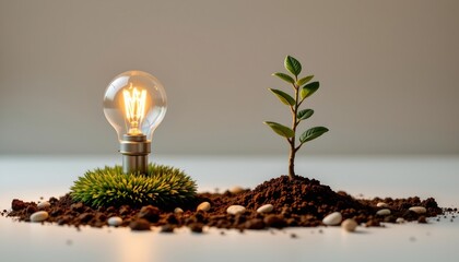 the image features a side by side of a light and a sapling, positioned on a bed of soil, to the left, the light stands embedded in a small patch of mossy ground