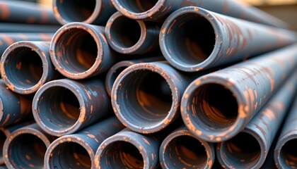 the image features a close up view of stacked metal tubes, the tubes are primarily dark gray, but many have spots of orange, they are stacked in a somewhat organized manner