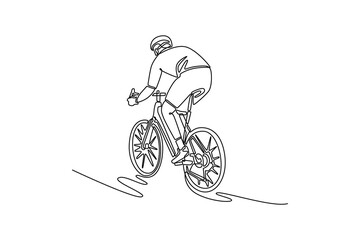 Naklejka premium Single one line drawing full length active man in sport clothing and protective helmet riding road bike. Concept of workout, training, and race. Continuous line draw design graphic vector illustration