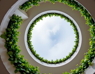 the image is a low angle shot of a spiral structure, possibly a staircase, that culminates in a circular opening revealing a view of the sky