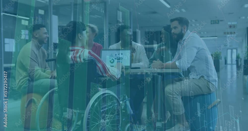 Poster wheelchair user tapping tablet chart while colleagues analyzing business data with pulsing overlay