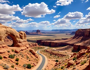this is an aerial view of a vast desert landscape, the foreground features large rock formations with natural arches, exhibiting warm colors