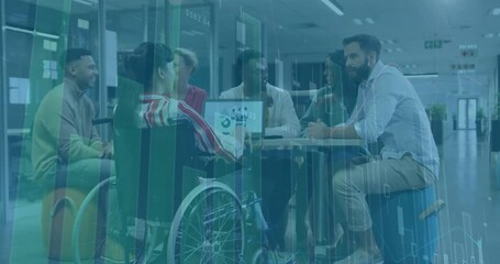 Wheelchair user tapping tablet chart while colleagues analyzing business data with pulsing overlay - Powered by Adobe