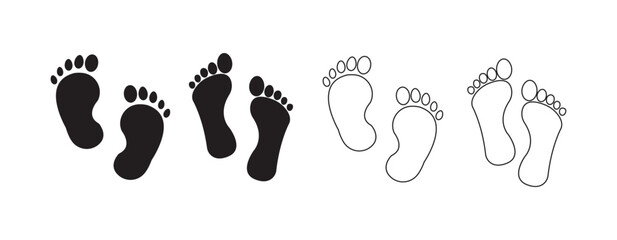 Footprint icon set. Barefoot footprints, shoe prints, child's footprints. Adults and children's steps - stock. vector.