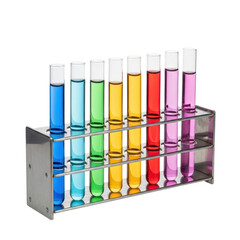 Eight test tubes filled with a spectrum of colorful chemical solutions, neatly organized in a stainless steel rack, perfect for illustrating scientific concepts or experiments.