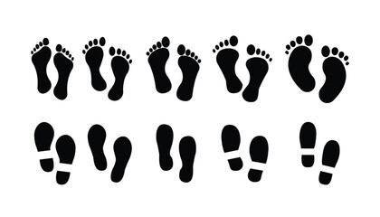 Footprint icon set. Barefoot footprints, shoe prints, child's footprints. Adults and children's steps - stock. vector.