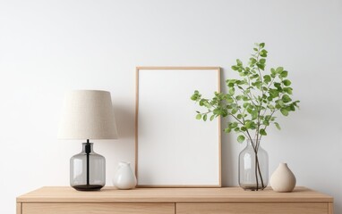 Light beige lamp, blank frame, greenery on light wooden dresser