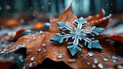 Snowflake with intricate details on a leaf, frost forming around the edges.