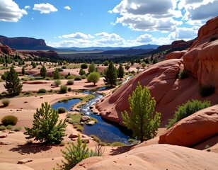 various shades of red, orange, and brown in the rocks, green trees and shrubs are sparsely scattered across the landscape, providing contrast