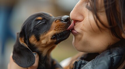 View from the side of a dachshund puppy licking its owner's lips while she walks with her boyfriend and has her eyes closed.