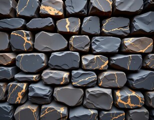 the image shows a close up of a stone wall made of irregularly shaped rocks, the rocks are primarily dark brown to nearly black in color