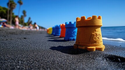 Colorful sandcastles on black sand beach