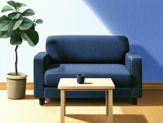 Textured Illustration of Blue Sofa and Coffee Table in Sunlit Room