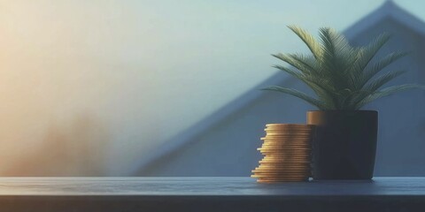 Financial Growth Concept with Coins and Potted Plant in Morning Light