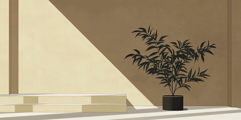 Minimalist Illustration of Potted Plant with Dramatic Wall Shadow