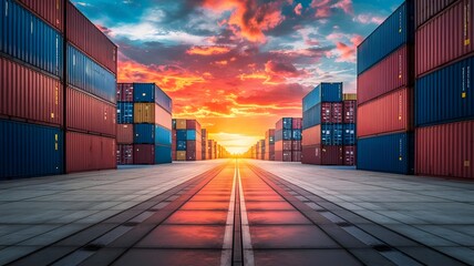 Fototapeta premium container cargo freight ship at sunset