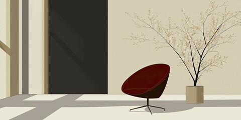 Minimalist Interior with Burgundy Chair and Decorative Potted Branches