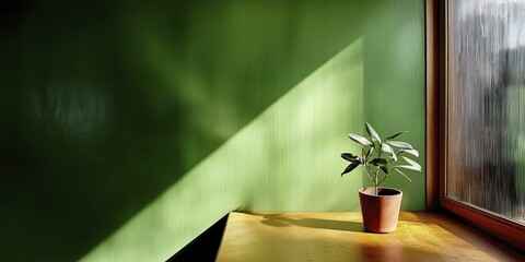 Potted Plant on Wooden Windowsill with Sunlight and Green Wall