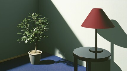 Minimalist Room Corner with Potted Tree and Red Lampshade