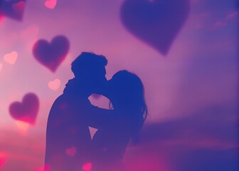Romantic Silhouette of a Couple Kissing Against a Dreamy Heart-Filled Sunset Sky
