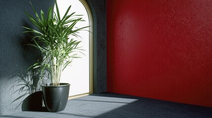 Indoor Plant by Arched Window with Red and Blue Textured Walls