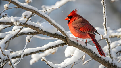 Northern Cardinal in Winter: A vibrant male Northern Cardinal perches serenely on a snow-laden branch, its crimson plumage a striking contrast against the winter wonderland. 