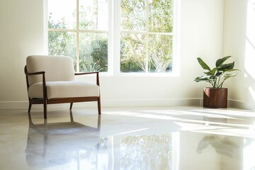 Sunlit Minimalist Living Room with Armchair and Plant