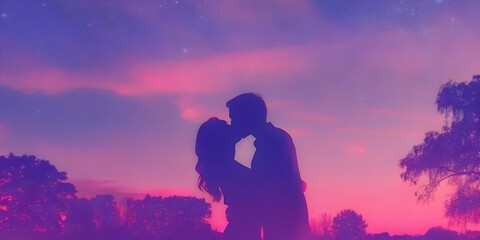 Romantic Silhouette of a Couple Kissing Against a Dreamy Heart-Filled Sunset Sky