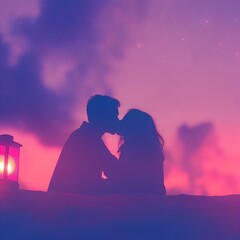 Romantic Silhouette of a Couple Kissing Against a Dreamy Heart-Filled Sunset Sky