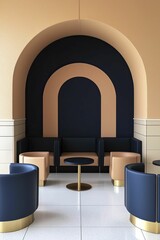 Modern Lounge Interior with Bold Arch Design and Colorful Seating