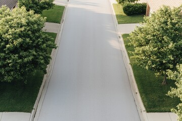 Aerial view of quiet suburban street with green lawns and trees