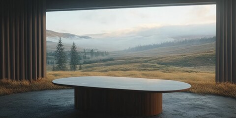 Modern table in open interior with panoramic view of misty landscape