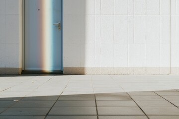 Minimal blue door with rainbow light streak on white textured wall