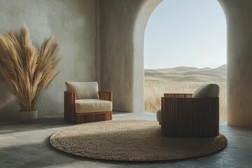 Earthy interior with lounge chairs and pampas grass overlooking sunny hills