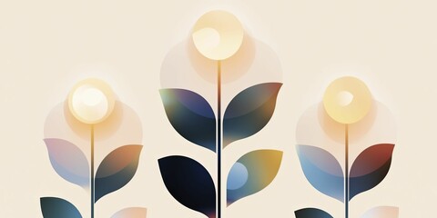 Modern abstract floral illustration with glowing circles and colorful leaves