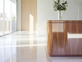 Bright modern interior with glossy wood reception desk and glass vase