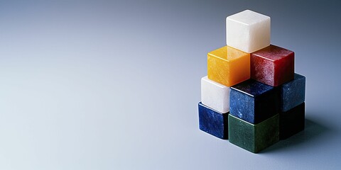 Geometric arrangement of translucent colorful cubes on gradient surface