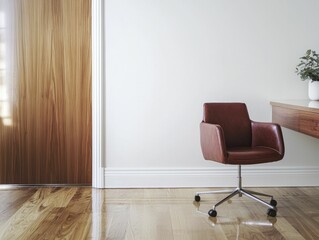 Minimal modern office corner with leather swivel chair and wood desk