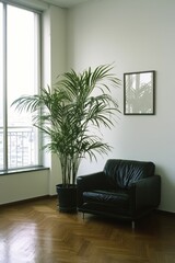 Modern interior corner with black leather chair and tall potted palm