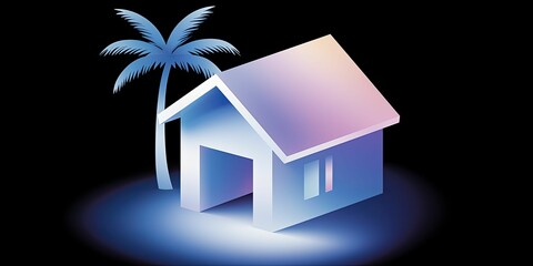 Futuristic tropical house and palm tree with glowing gradient lighting