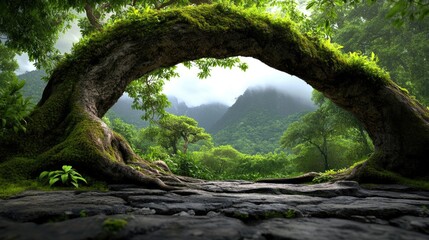 Massive roots of an ancient tree covered with moss and lichen twist and wind through the jungle floor with ferns and foliage.