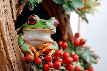 A green frog sitting on top of a tree branch with red berries